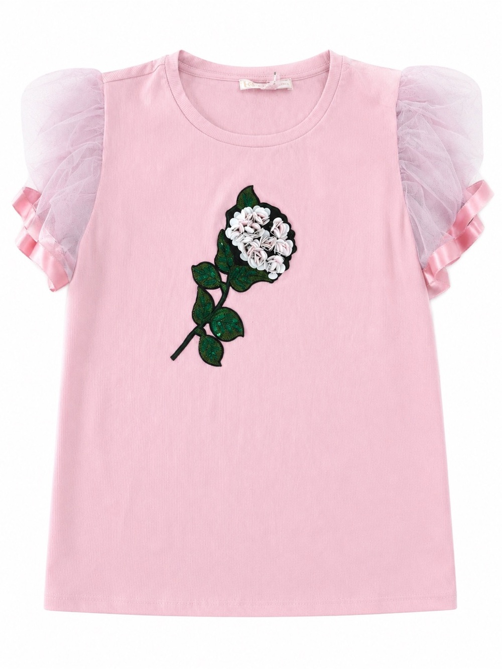 Pink Floral Appliqué Puff Sleeve Top
